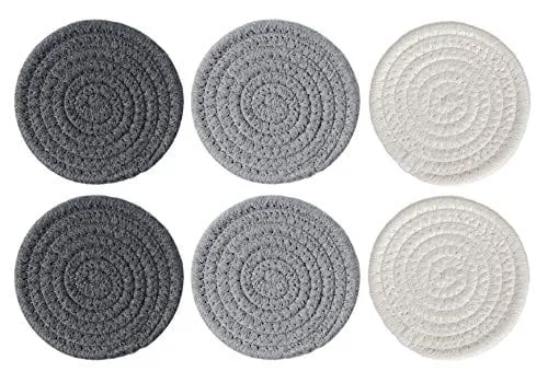 Absorbent Drink Coasters Handmade Braided Drink Coasters, Super Absorbent Heat-Resistant Coasters for Drinks Great Housewarming Gift (Dark Grey, Light Grey, Beige, 6)
