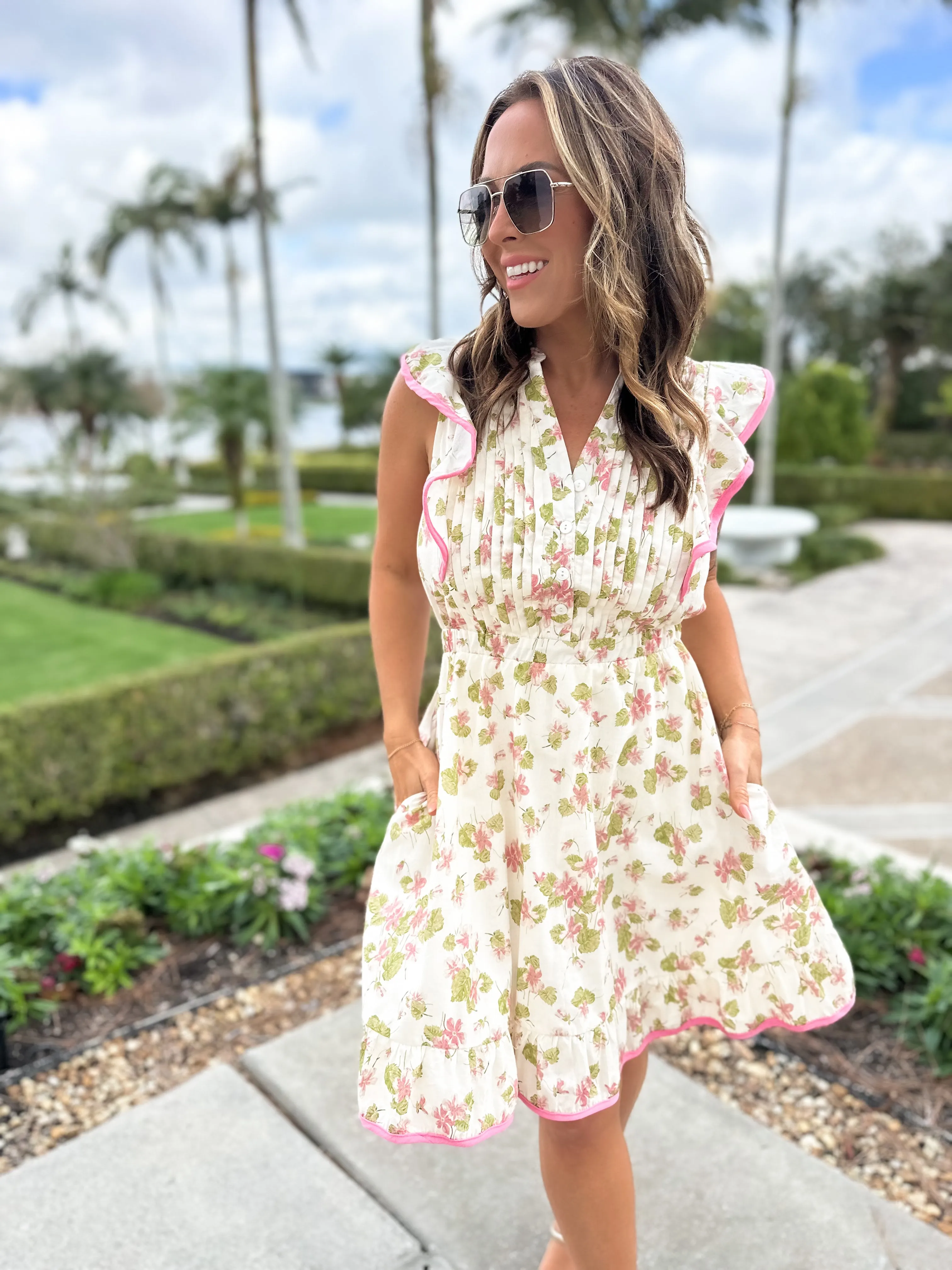Afternoon Tea Pleated Flutter Sleeve Dress - Rose