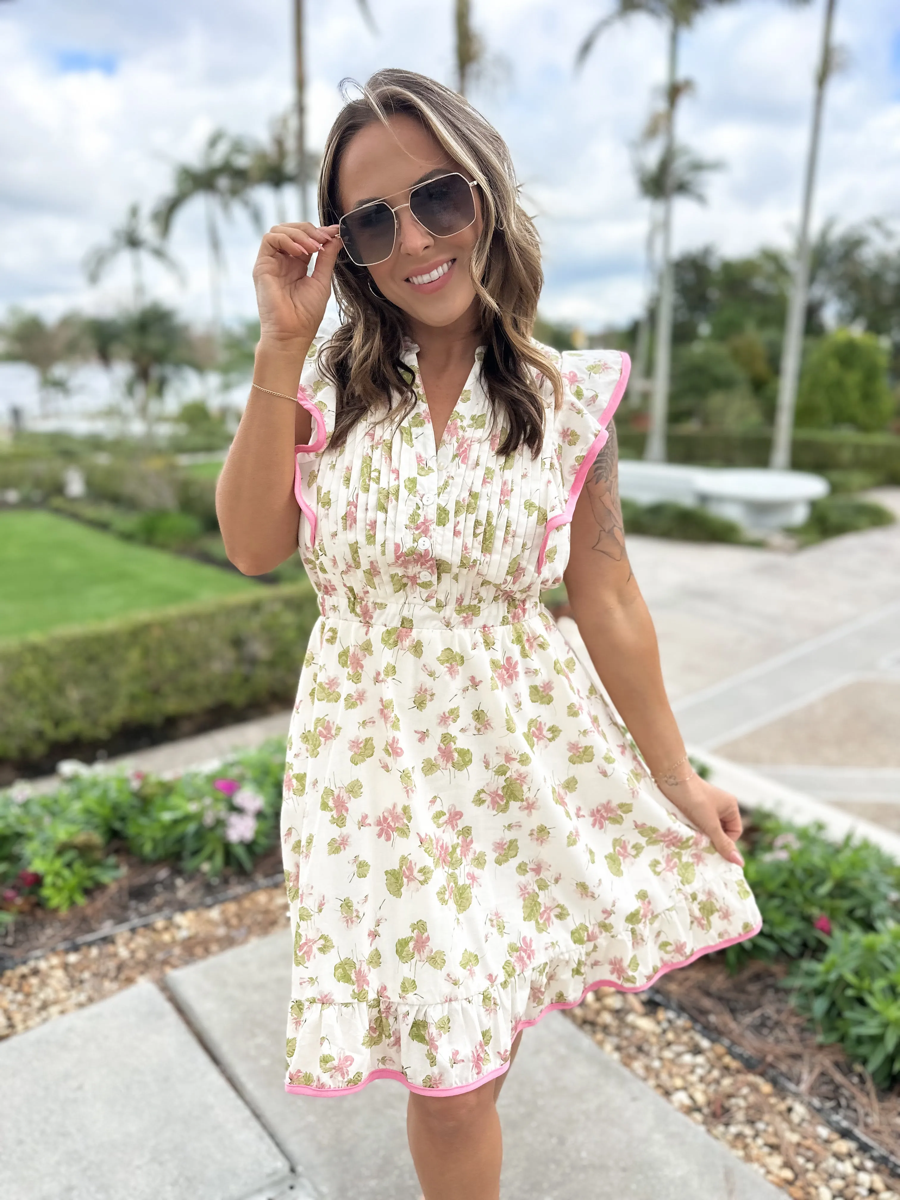 Afternoon Tea Pleated Flutter Sleeve Dress - Rose