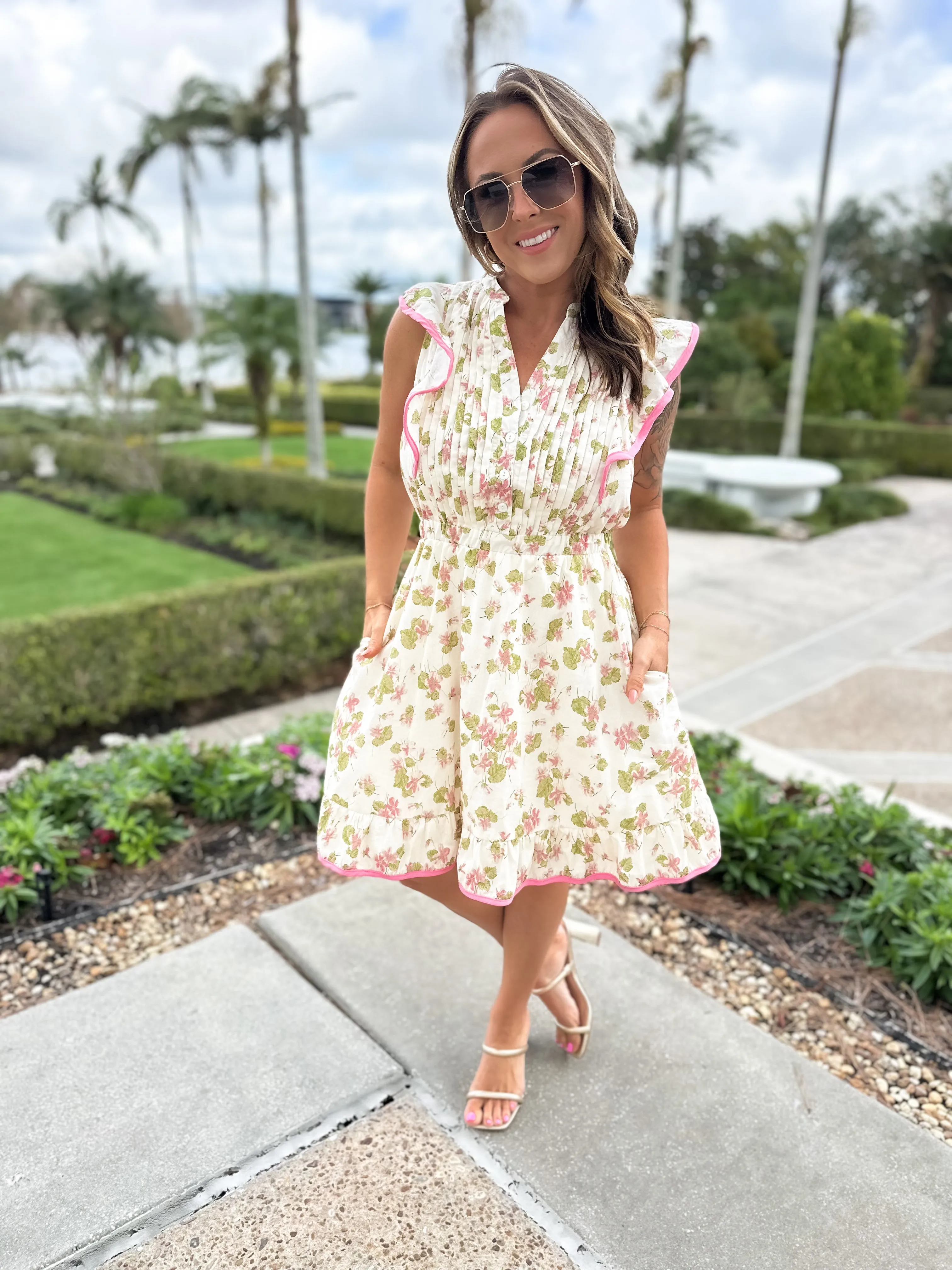 Afternoon Tea Pleated Flutter Sleeve Dress - Rose