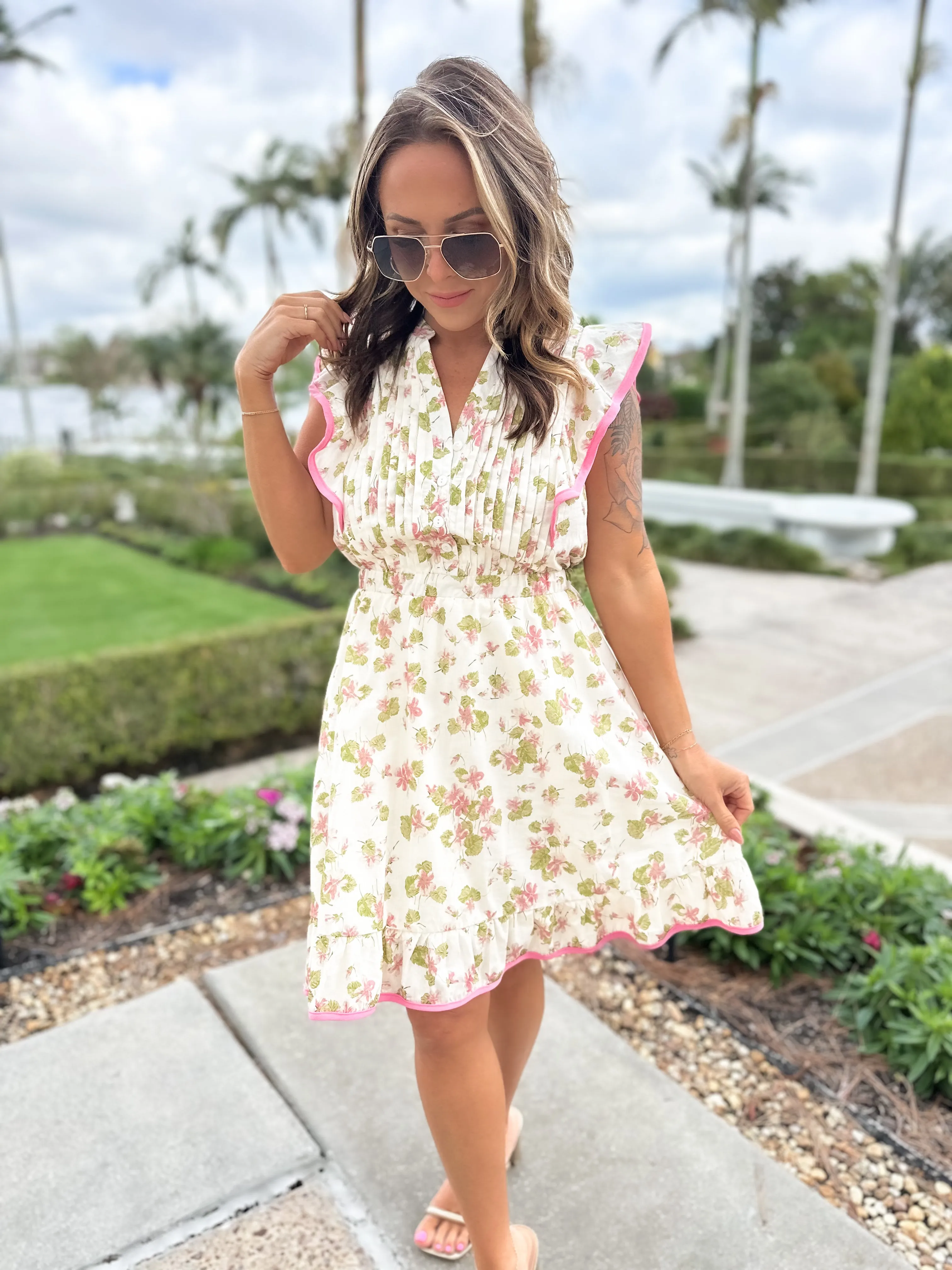 Afternoon Tea Pleated Flutter Sleeve Dress - Rose