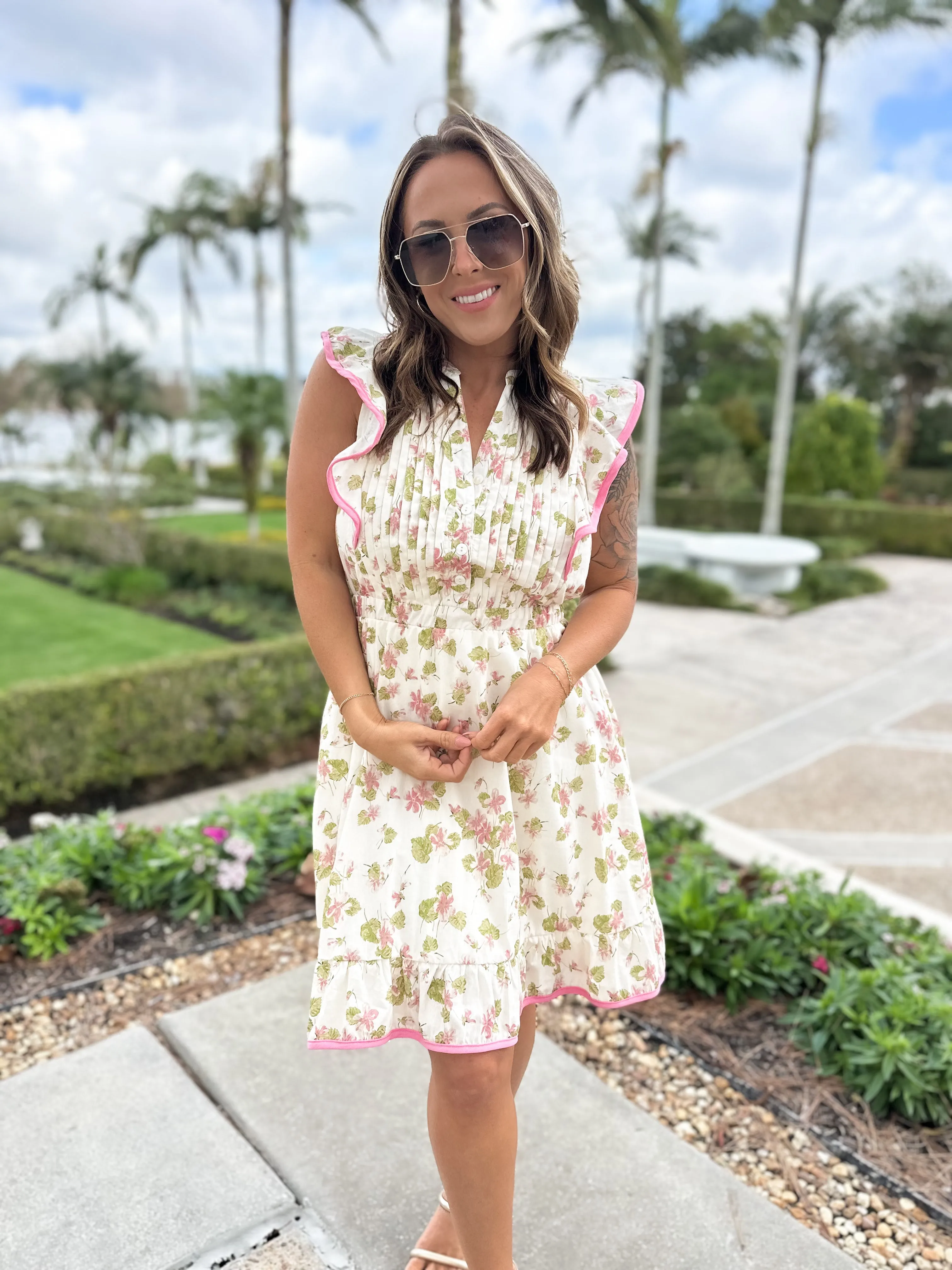 Afternoon Tea Pleated Flutter Sleeve Dress - Rose