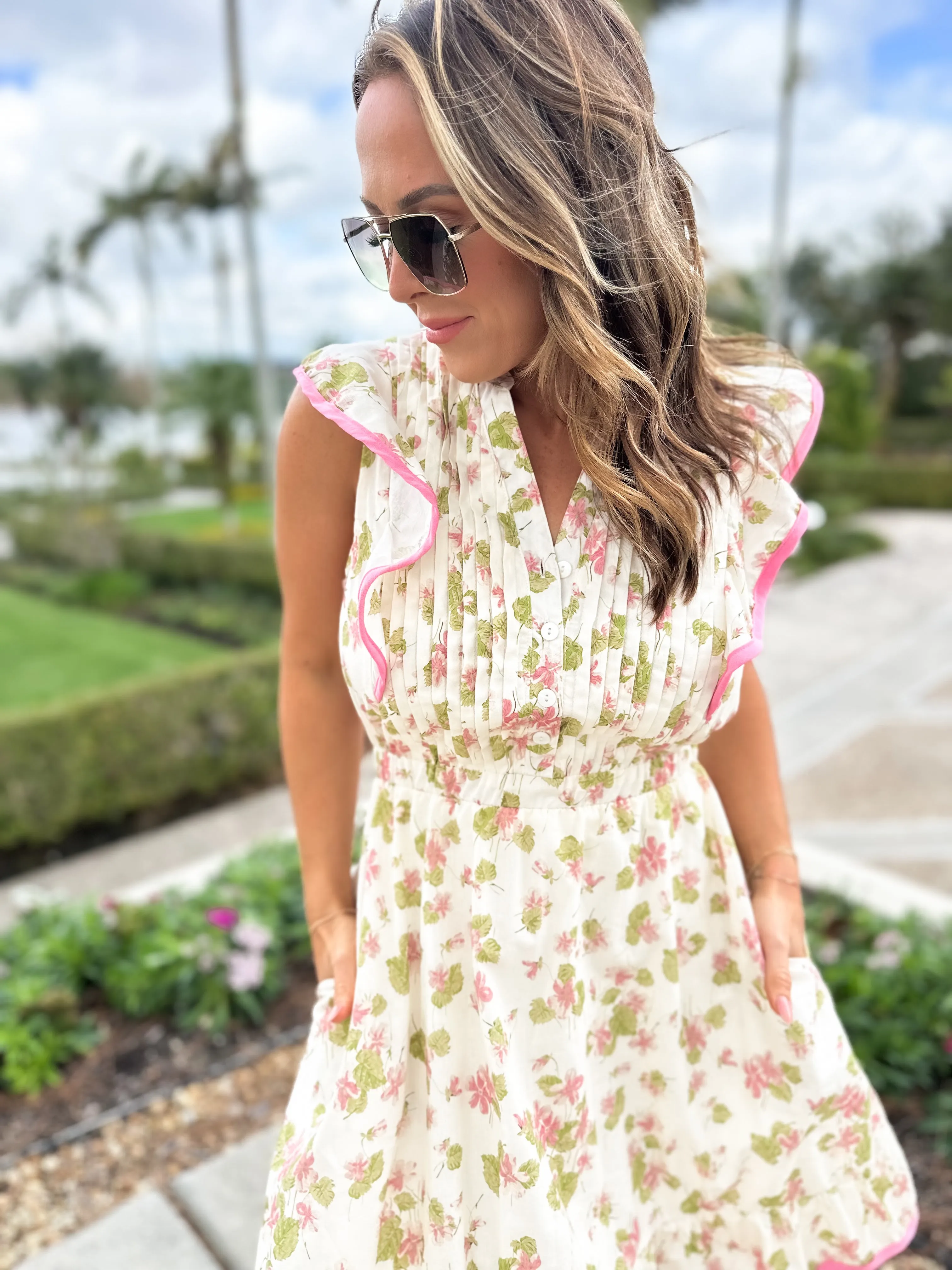 Afternoon Tea Pleated Flutter Sleeve Dress - Rose