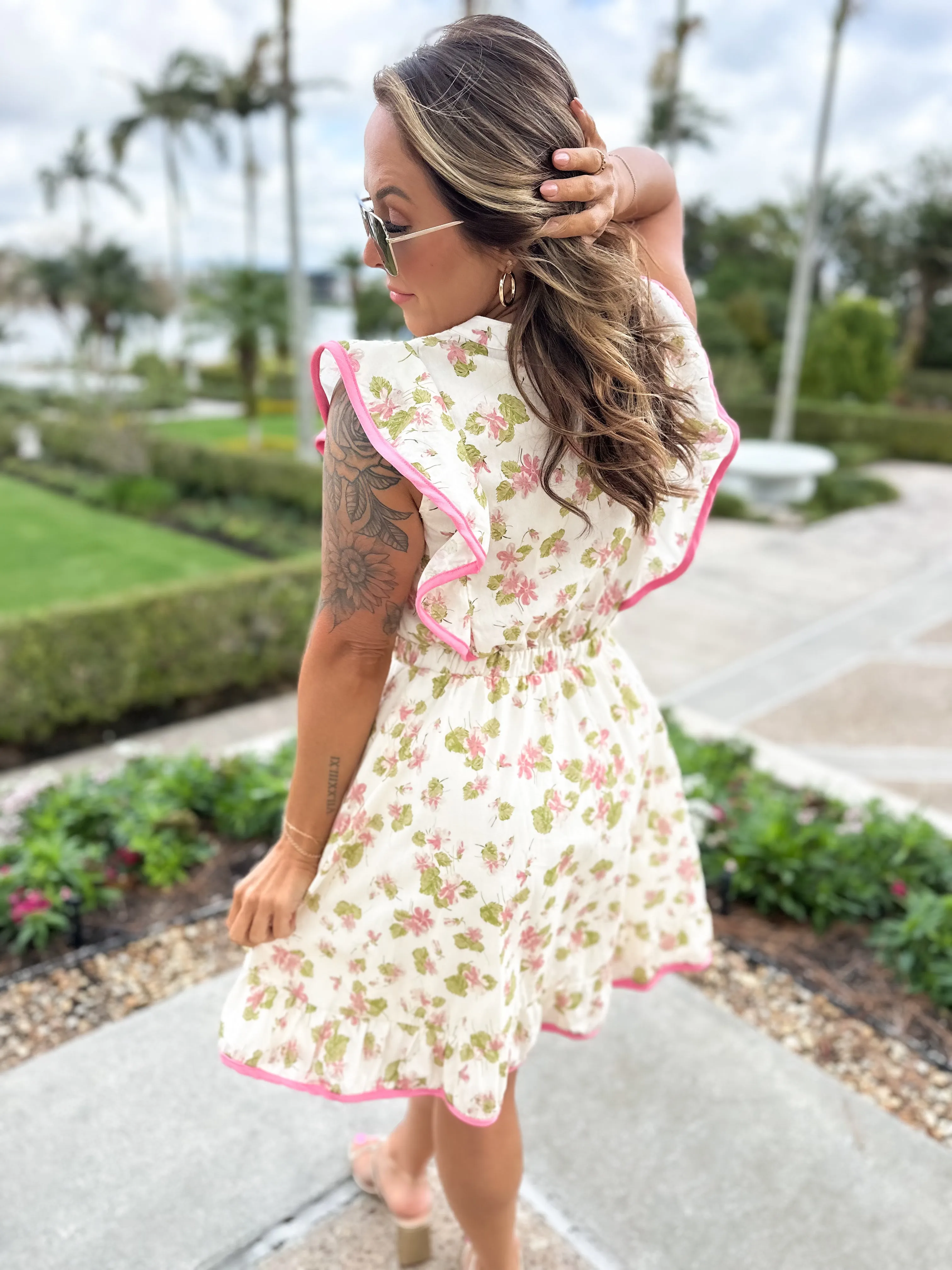 Afternoon Tea Pleated Flutter Sleeve Dress - Rose