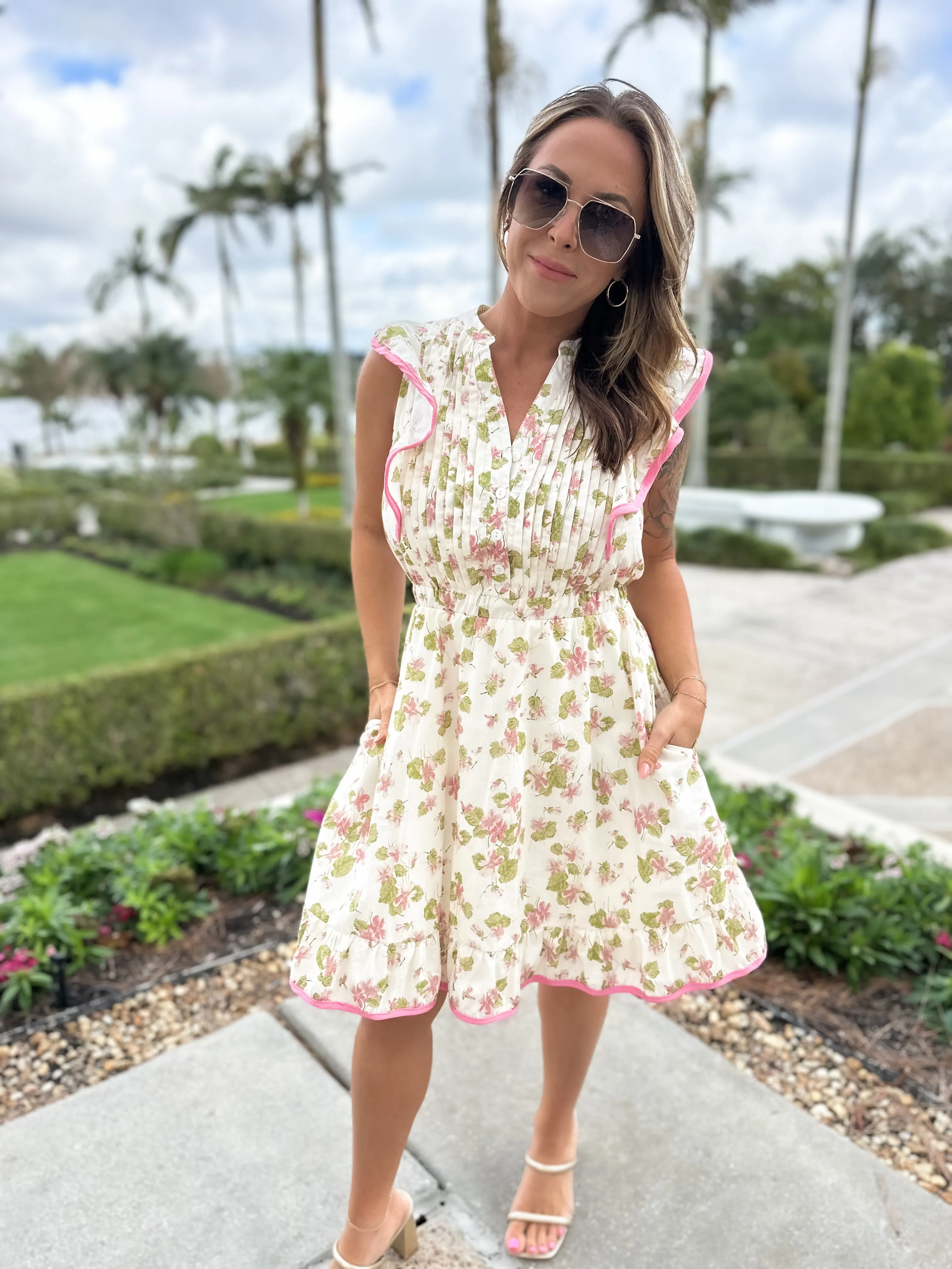 Afternoon Tea Pleated Flutter Sleeve Dress - Rose