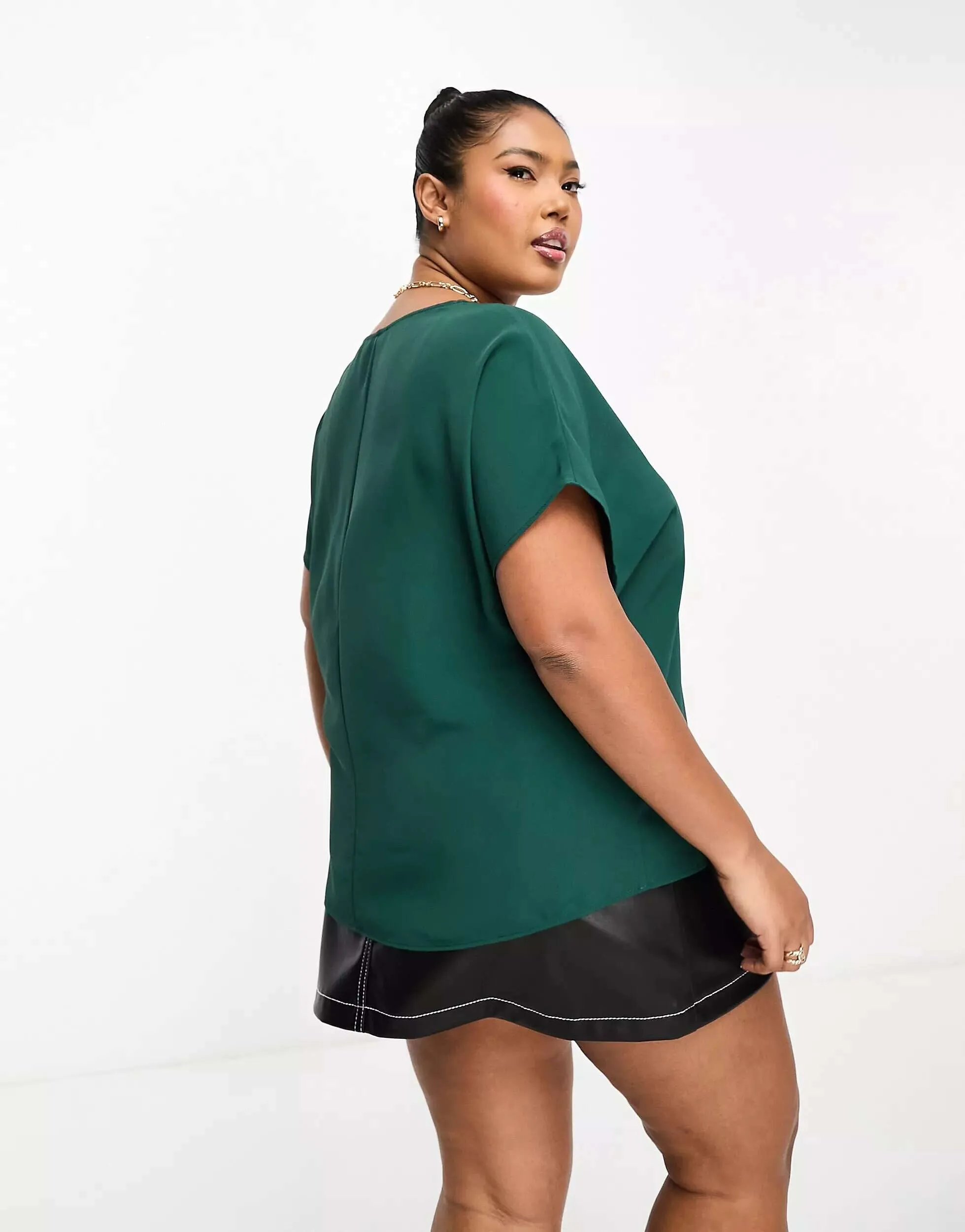 ASOS DESIGN Curve V-neck T-shirt in green woven