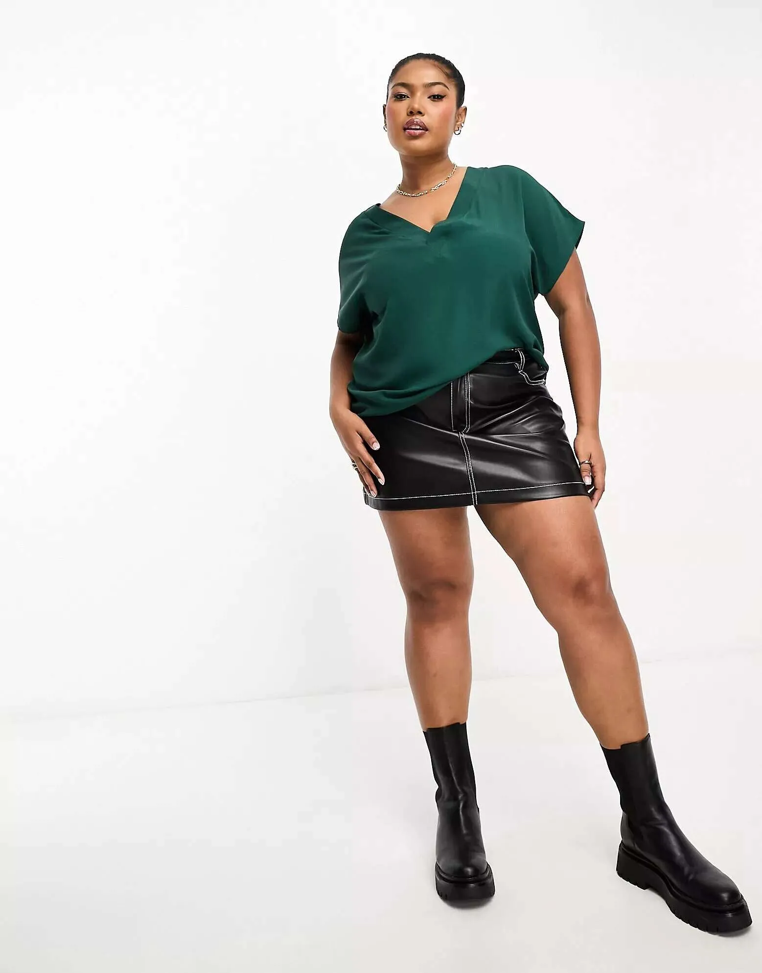 ASOS DESIGN Curve V-neck T-shirt in green woven