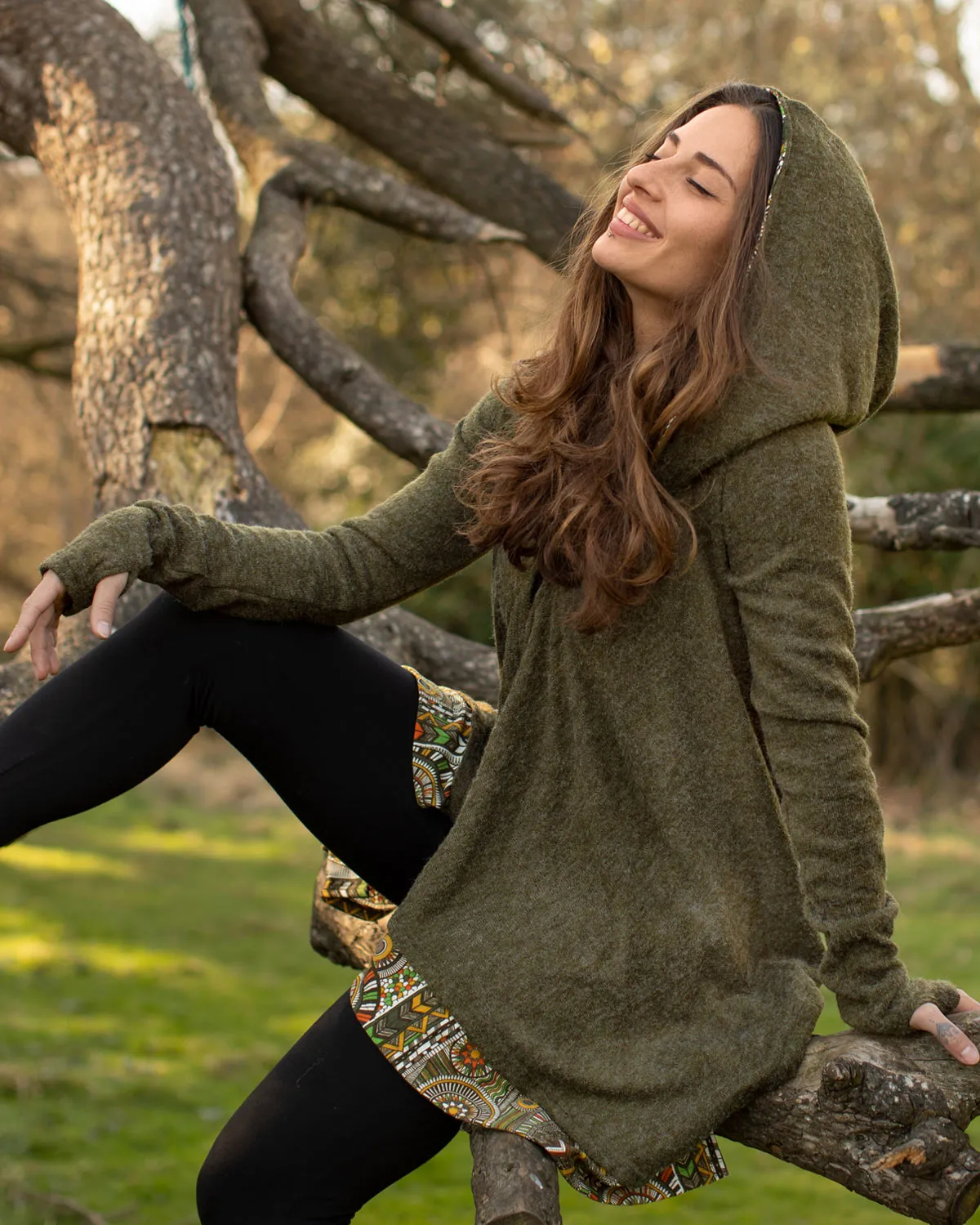 Azteca Hooded Cardigan Cloak Olive Green