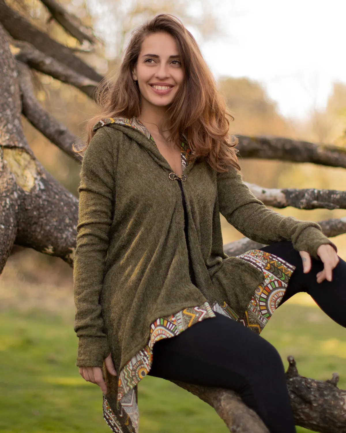 Azteca Hooded Cardigan Cloak Olive Green