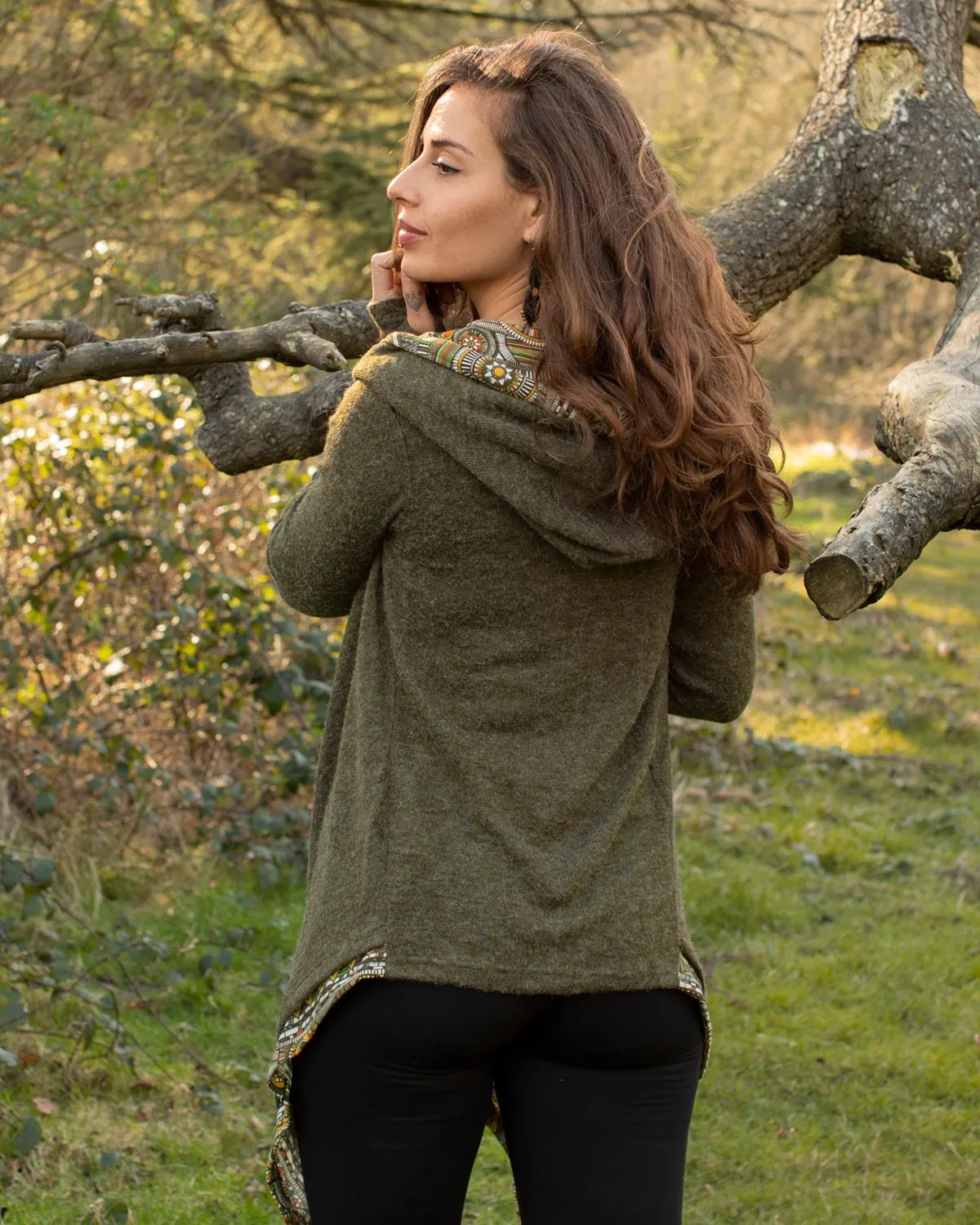 Azteca Hooded Cardigan Cloak Olive Green