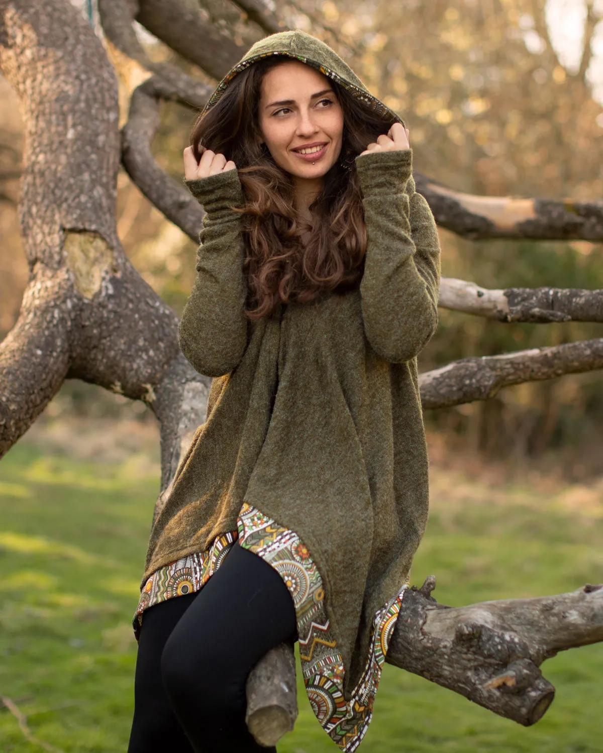Azteca Hooded Cardigan Cloak Olive Green