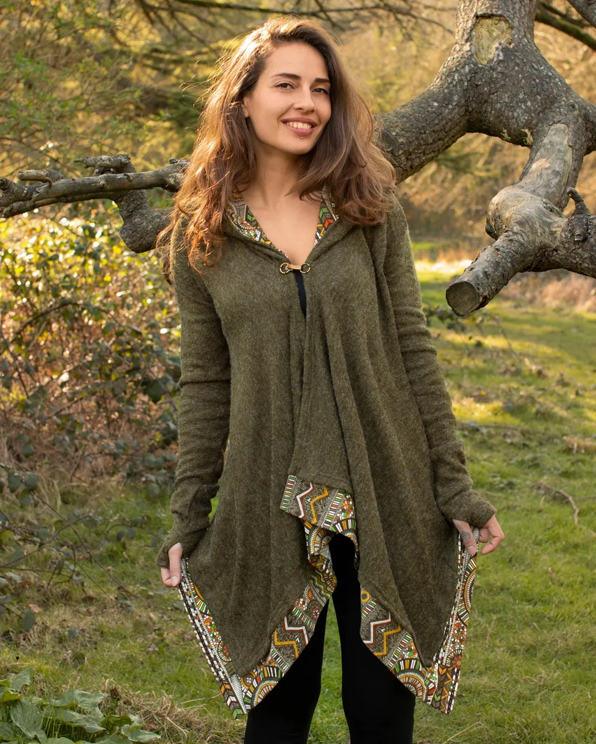 Azteca Hooded Cardigan Cloak Olive Green