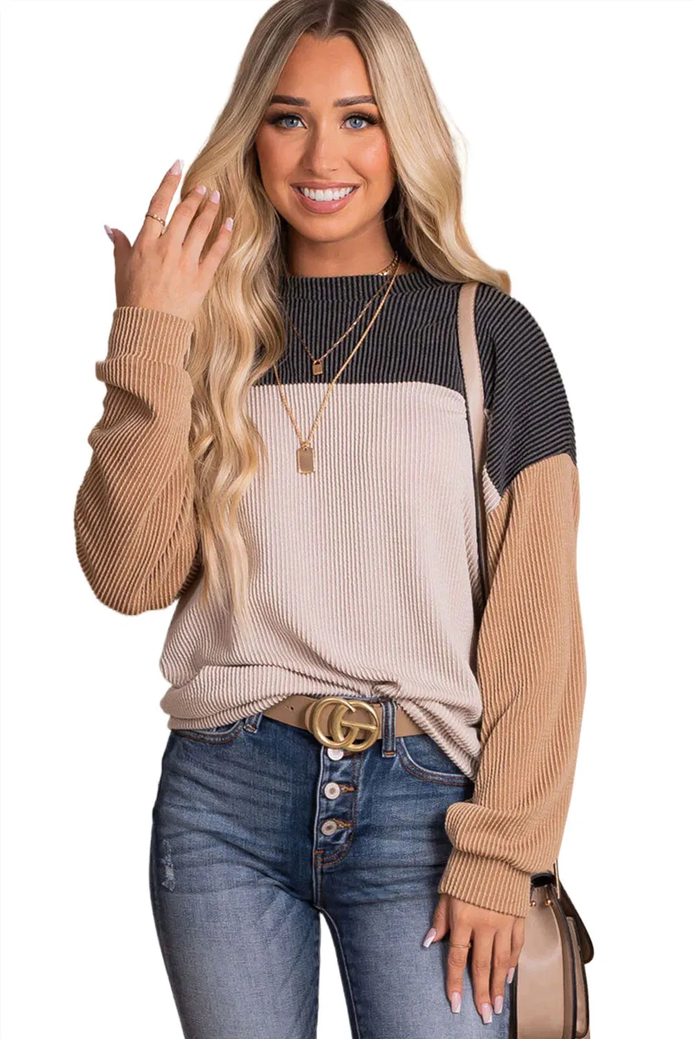 Black Color Block Long Sleeve Cording Loose Top