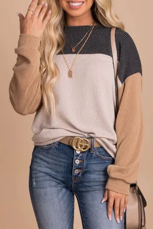 Black Color Block Long Sleeve Cording Loose Top
