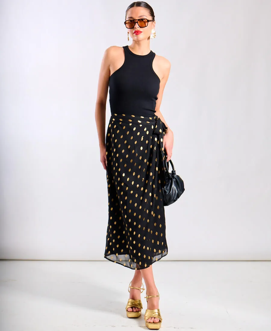 Black Foil Wrap Midi Skirt