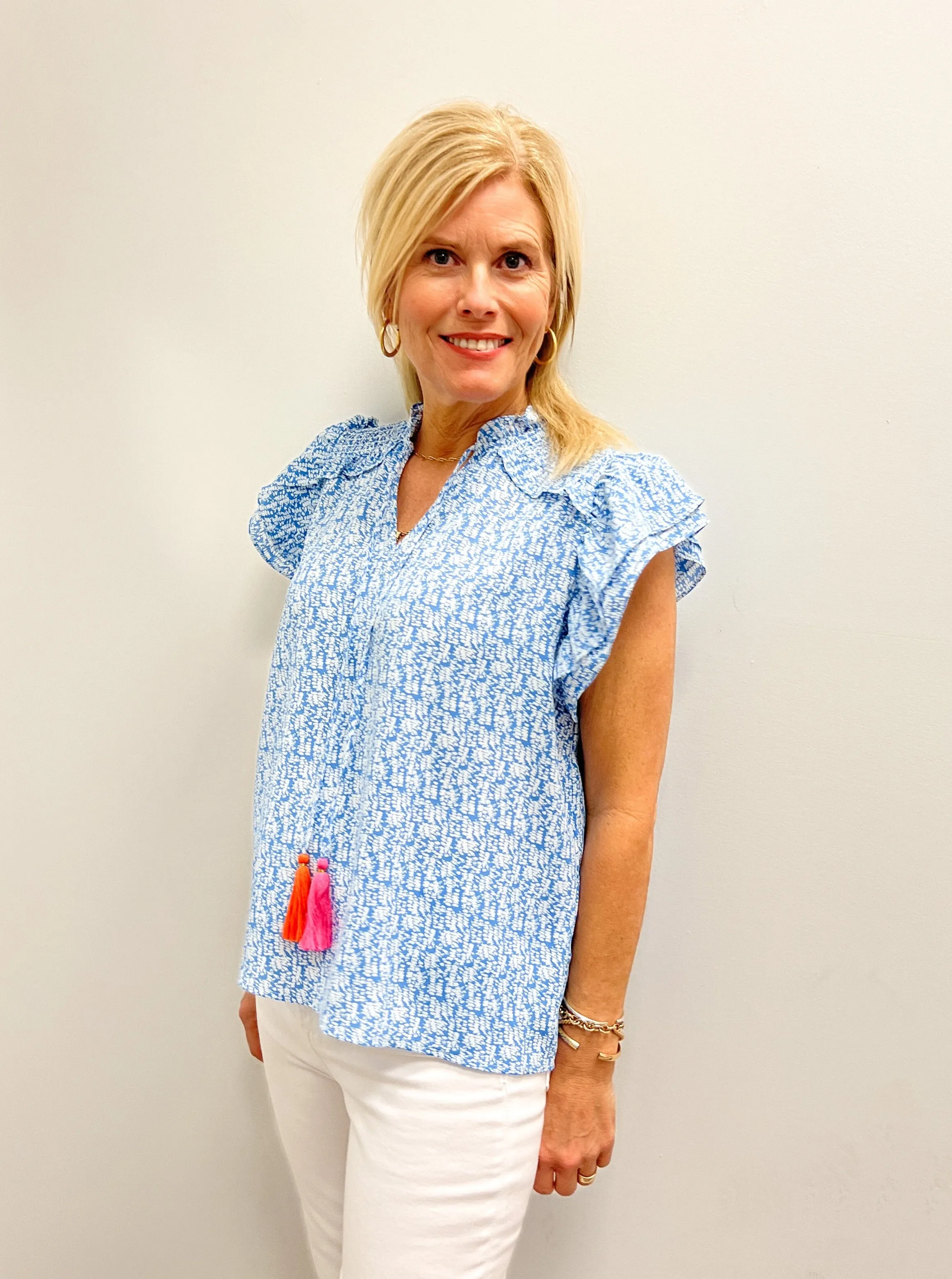 Blue Spotted Tie Tassel Top