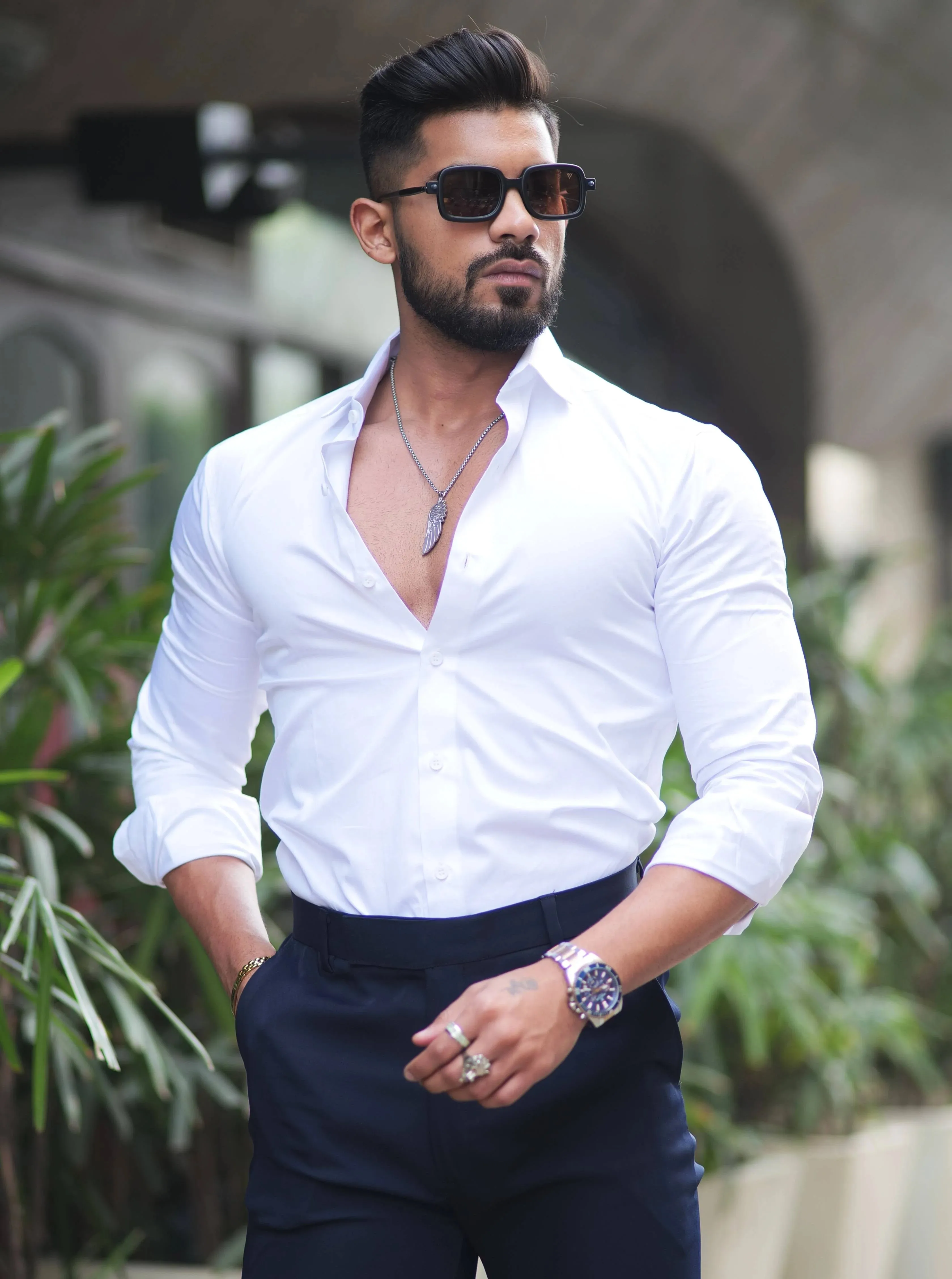 BRIGHT WHITE DOBBY TEXTURED PREMIUM GIZA COTTON SHIRT