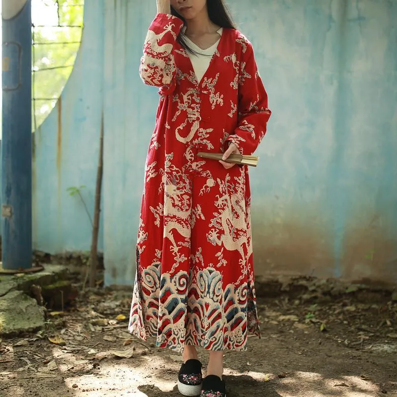 Chinese Dragon Cotton Linen Long Cardigan