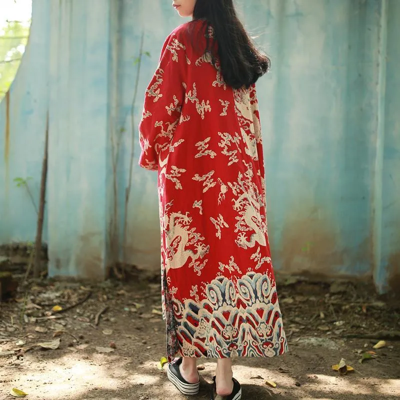 Chinese Dragon Cotton Linen Long Cardigan