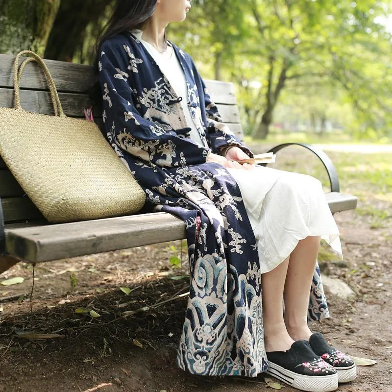 Chinese Dragon Cotton Linen Long Cardigan