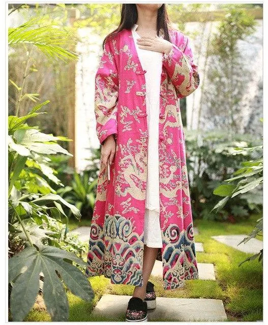 Chinese Dragon Cotton Linen Long Cardigan