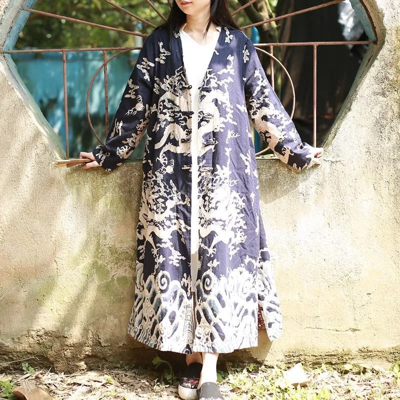 Chinese Dragon Cotton Linen Long Cardigan