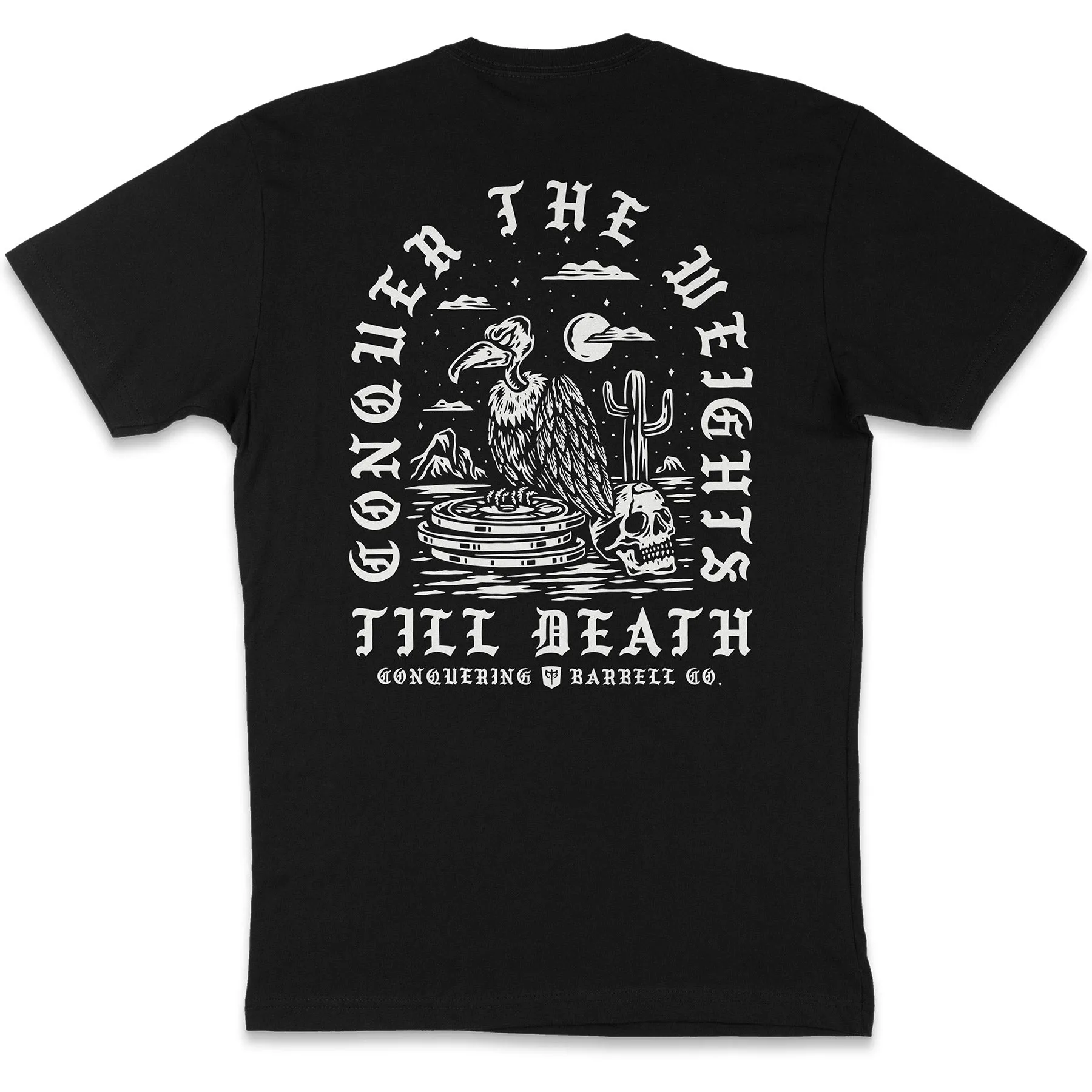 Conquer the Weights - Vulture - on Black Tee