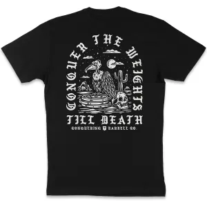 Conquer the Weights - Vulture - on Black Tee