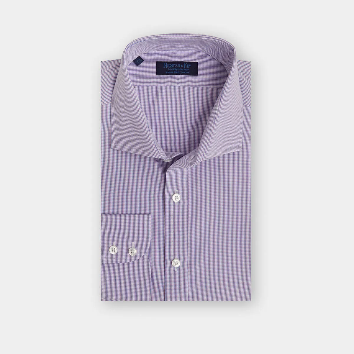 Contemporary Fit, Cut-away Collar, 2 Button Cuff Shirt in a Lilac, Navy & White Check Poplin Cotton
