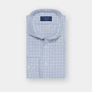 Contemporary Fit White, Blue & Navy Twill Check Cotton Shirt with Cut-away Collar & Two Button Cuff