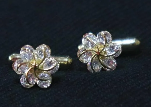 Crystal Flower Design Golden Metallic Cufflinks