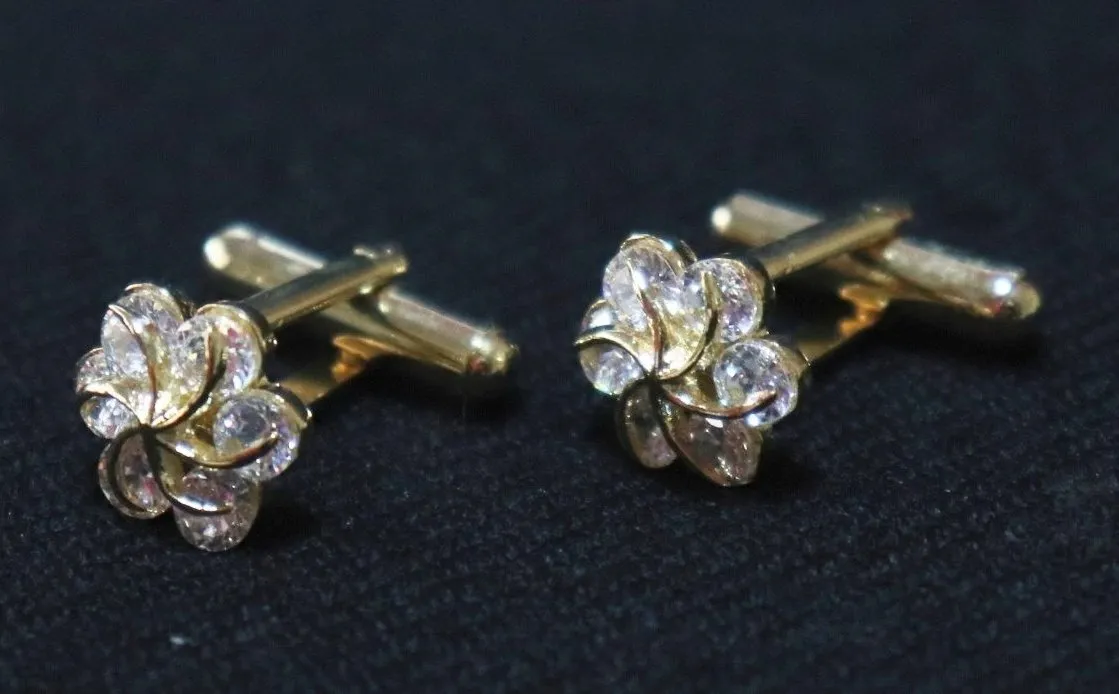 Crystal Flower Design Golden Metallic Cufflinks