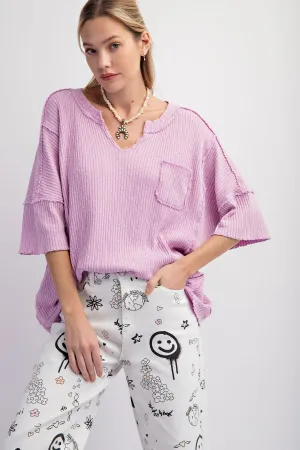 Easel Ribbed Thermal Knit Top in Lilac Pink