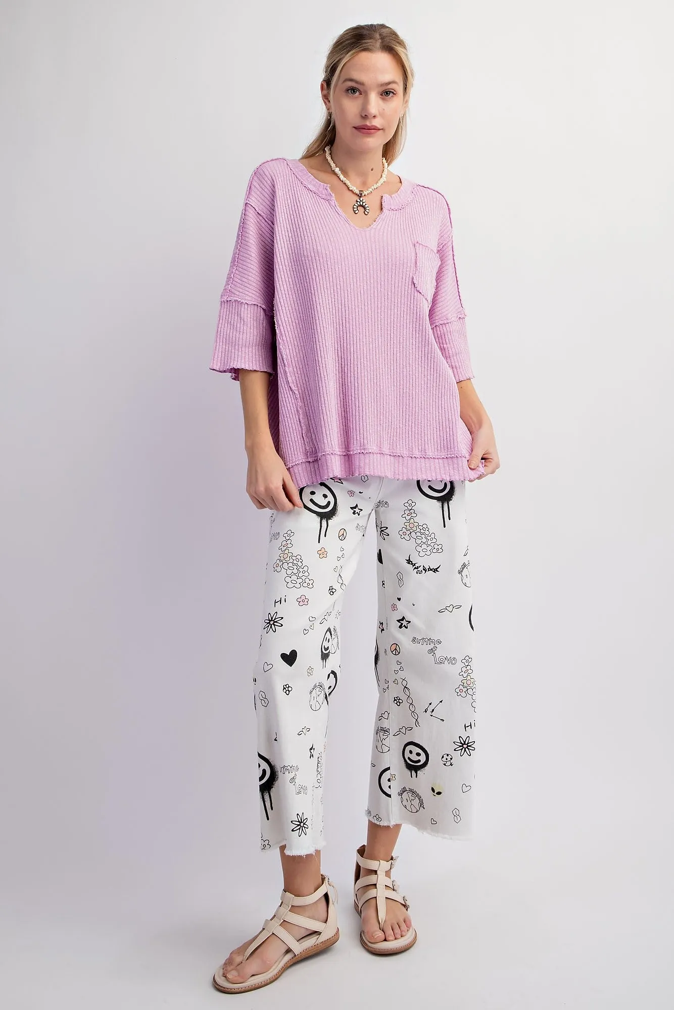 Easel Ribbed Thermal Knit Top in Lilac Pink