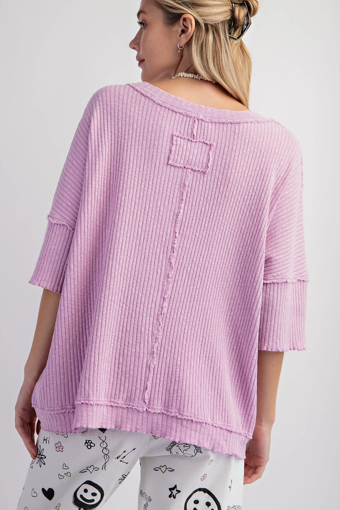 Easel Ribbed Thermal Knit Top in Lilac Pink