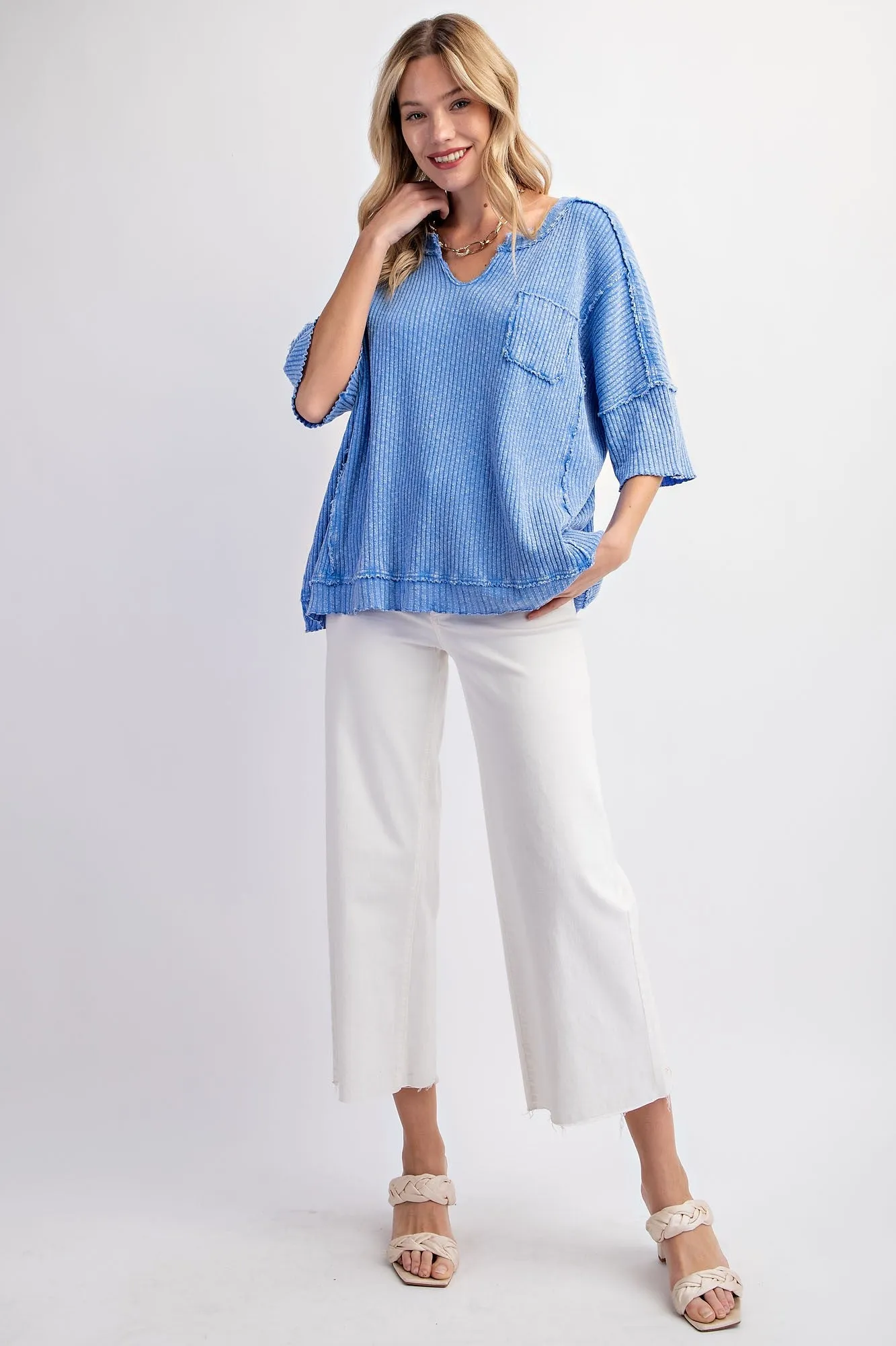 Easel Ribbed Thermal Knit Top in Peri Blue