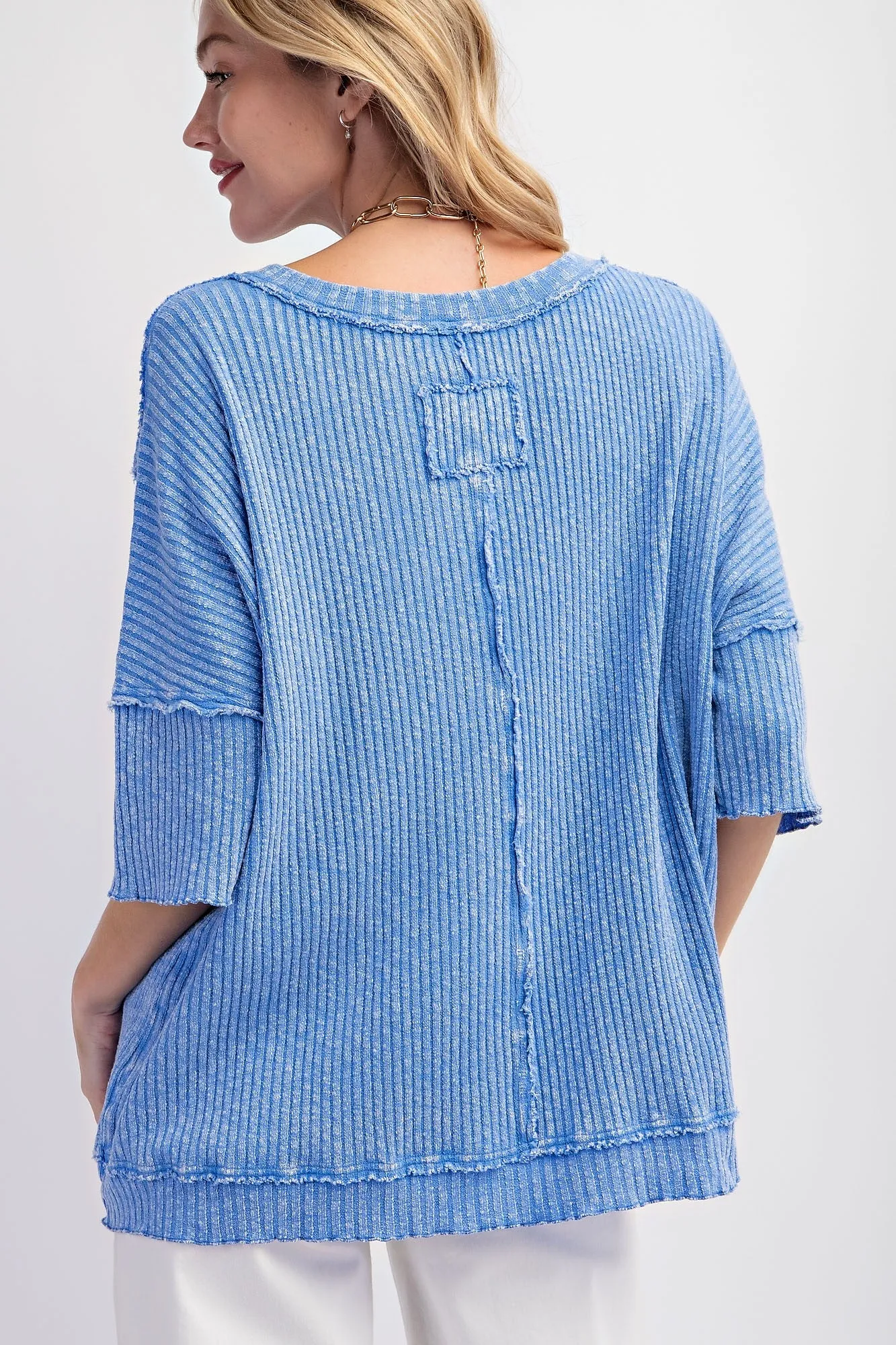 Easel Ribbed Thermal Knit Top in Peri Blue