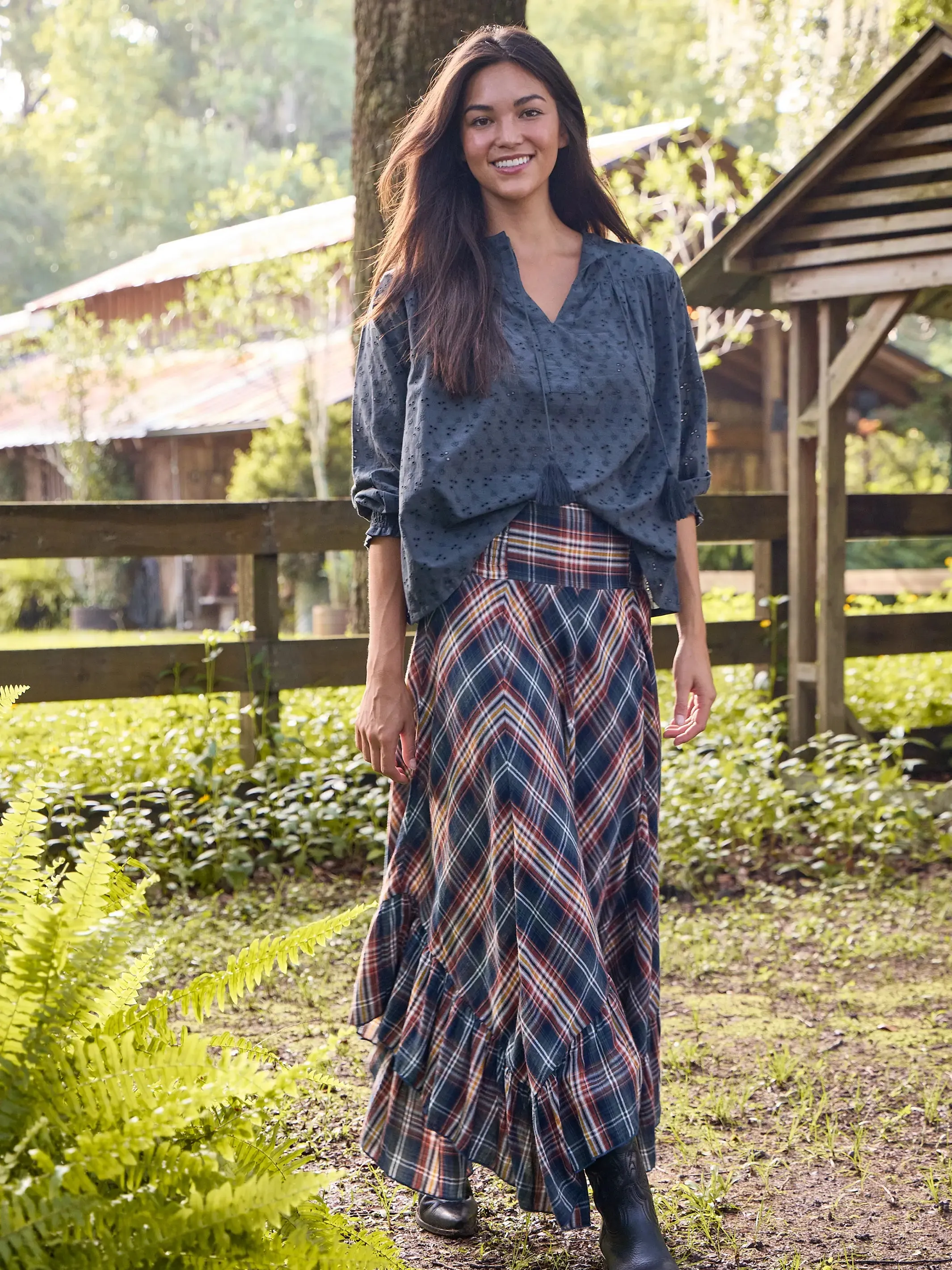 Feelin' Alive Convertible Cotton Midi Skirt - Navy Plaid