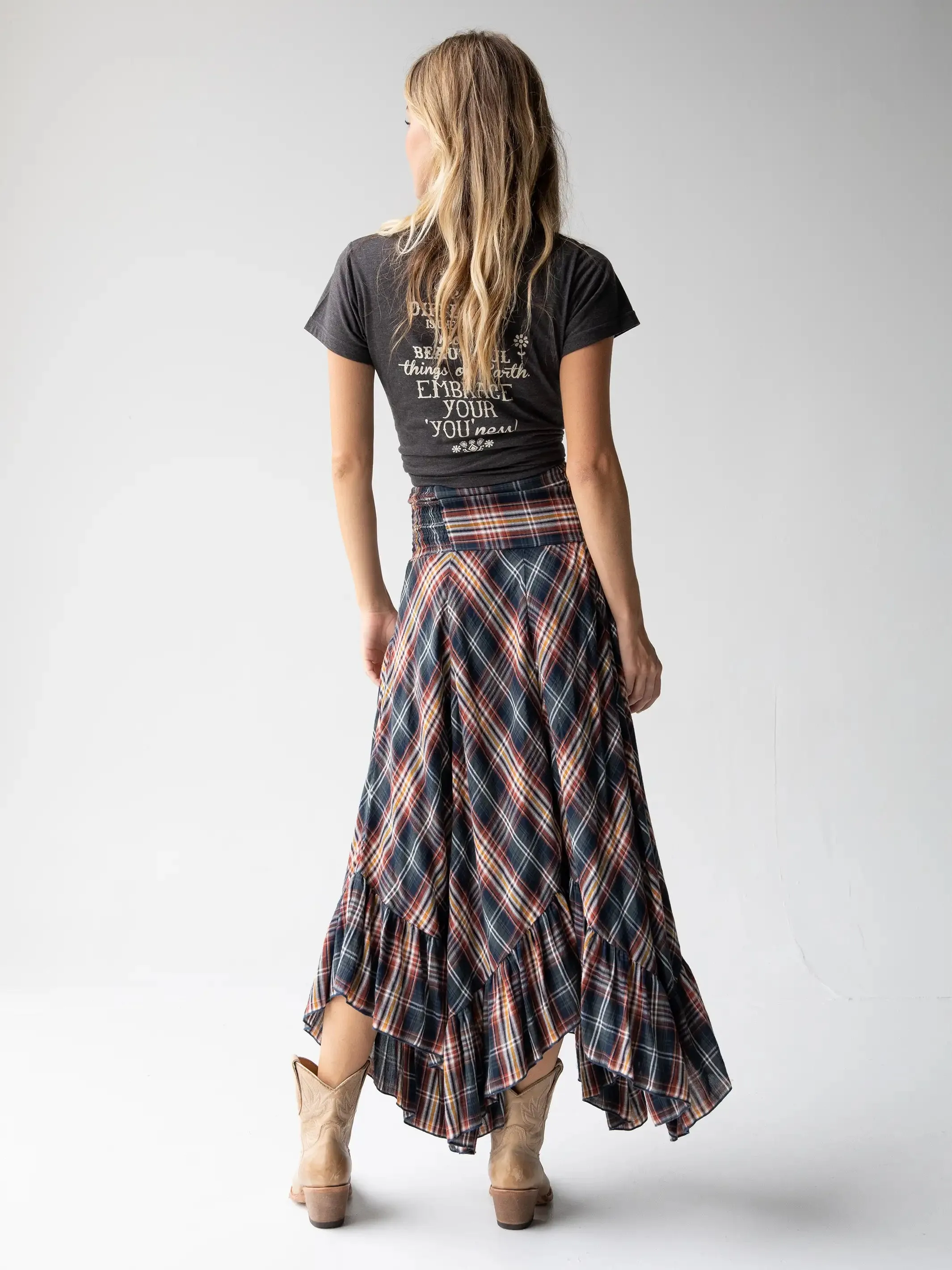 Feelin' Alive Convertible Cotton Midi Skirt - Navy Plaid
