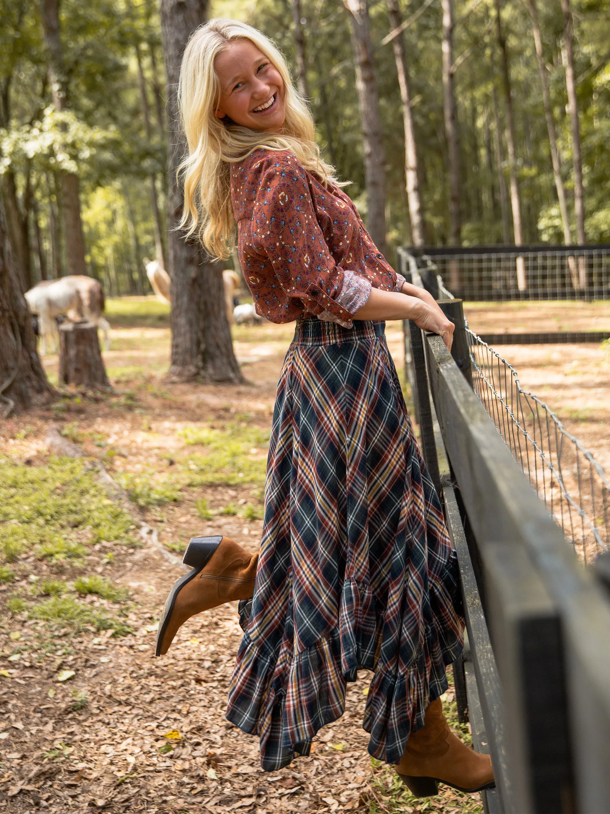Feelin' Alive Convertible Cotton Midi Skirt - Navy Plaid