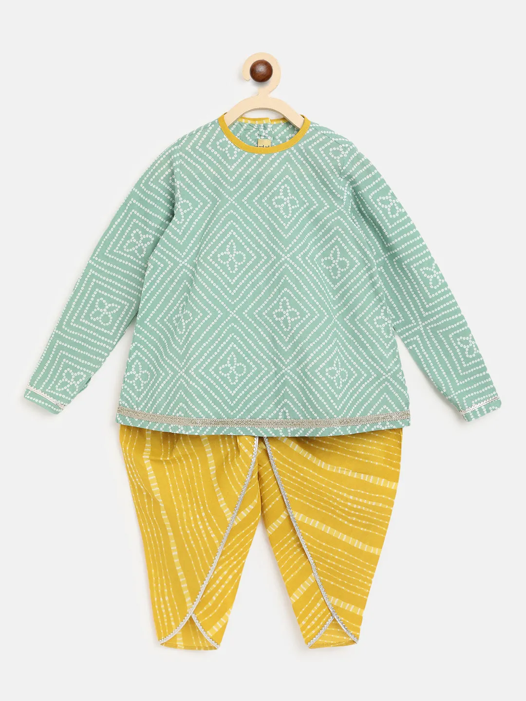 Girls Green Printed Bandhani Suit Set