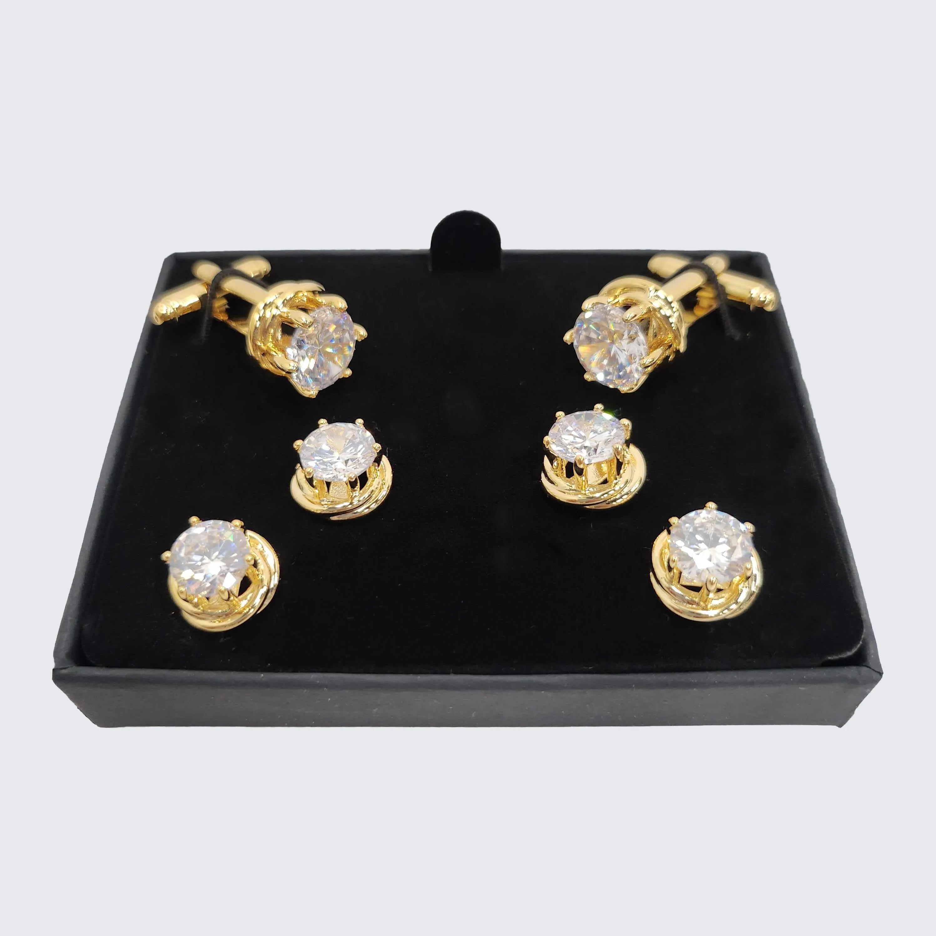 Gold Love Knots with Cubic Zirconia Formal Studs and Cufflinks