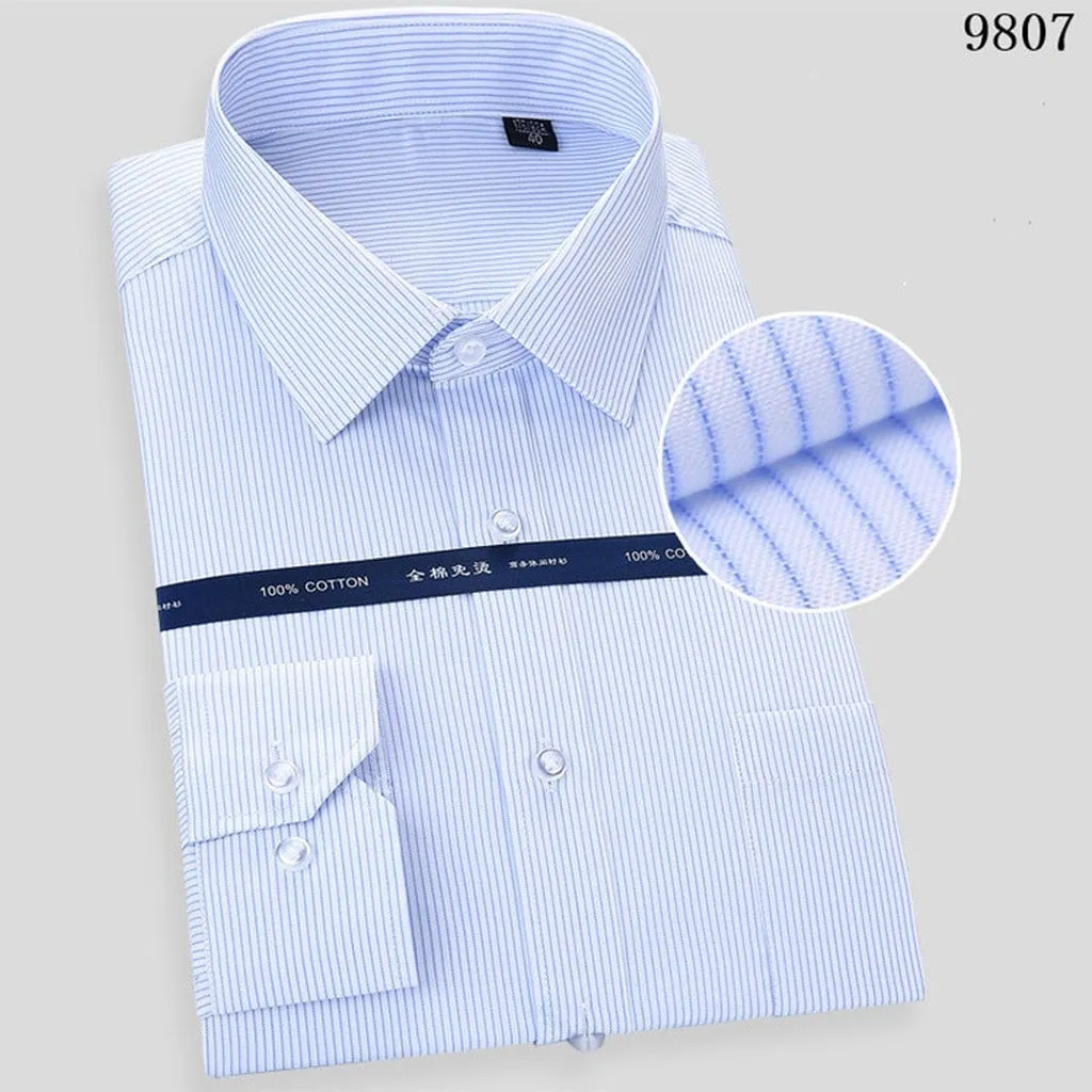 High Quality Non-Ironing Men Dress Long Sleeve Shirt 2022 New Solid Male Plus Size Regular Fit Stripe Business Shirt White Blue