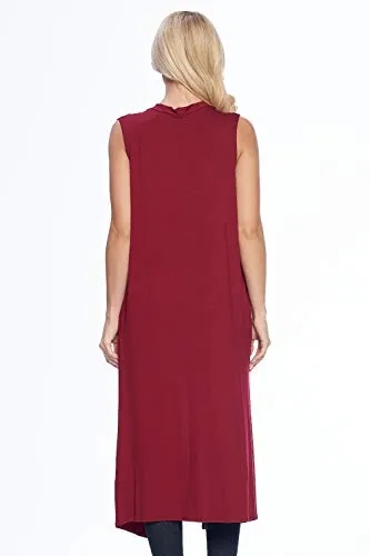 Isaac Liev Women's Sleeveless Cardigan – Casual Long Maxi Open Front Flowy Drape Lightweight Duster Vest Made in USA (Large, Burgundy with Pockets)
