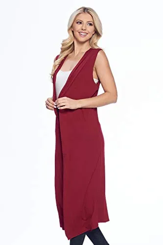 Isaac Liev Women's Sleeveless Cardigan – Casual Long Maxi Open Front Flowy Drape Lightweight Duster Vest Made in USA (Large, Burgundy with Pockets)