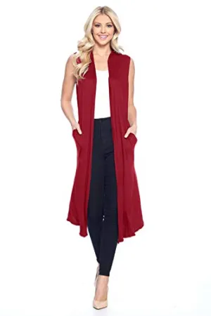 Isaac Liev Women's Sleeveless Cardigan – Casual Long Maxi Open Front Flowy Drape Lightweight Duster Vest Made in USA (Large, Burgundy with Pockets)