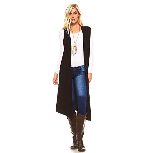 Isaac Liev Women's Sleeveless Lightweight Duster Vest (X-Large, Black)