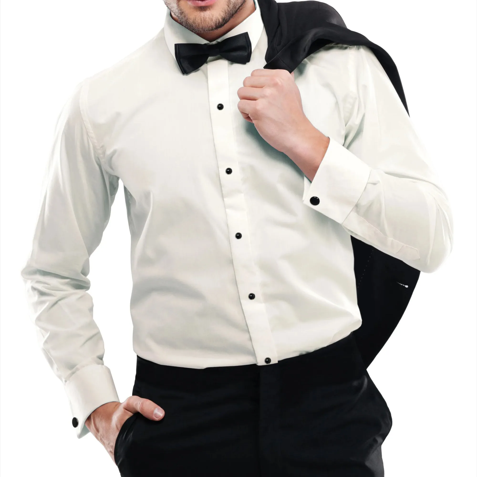 Ivory Slim Fit Microfiber Dress Shirt with Plain Front and Barrel Cuffs