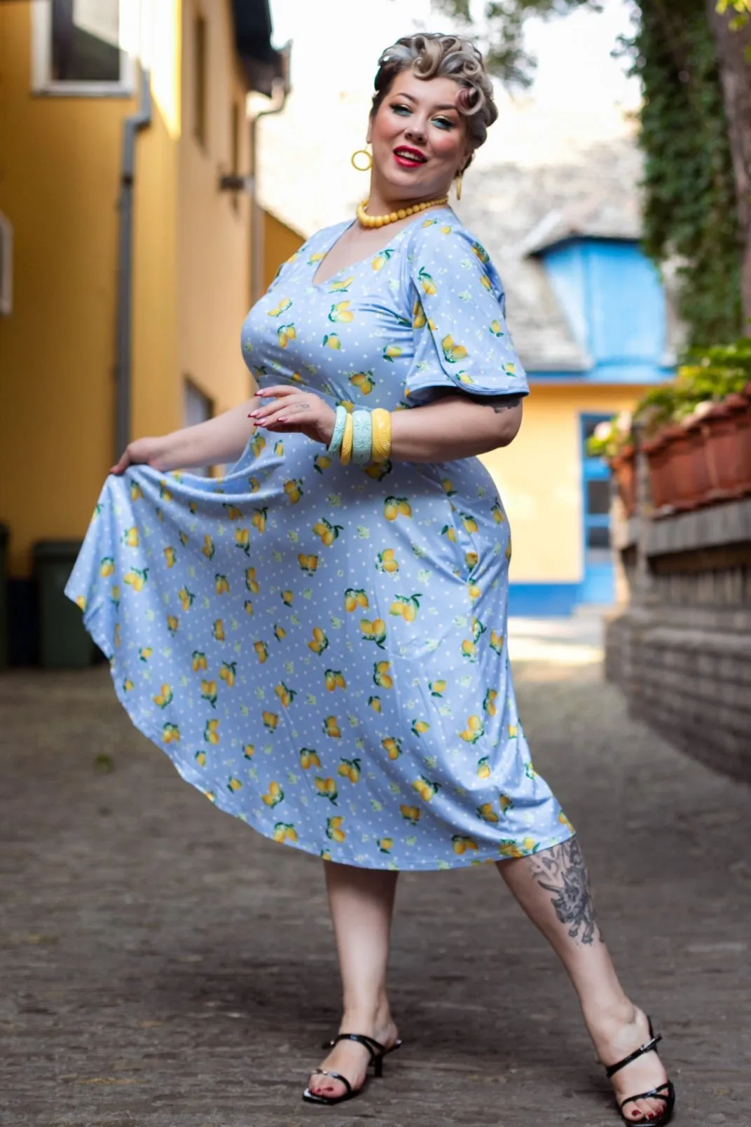 Janice Blue Lemon Petal Sleeved Tea Dress