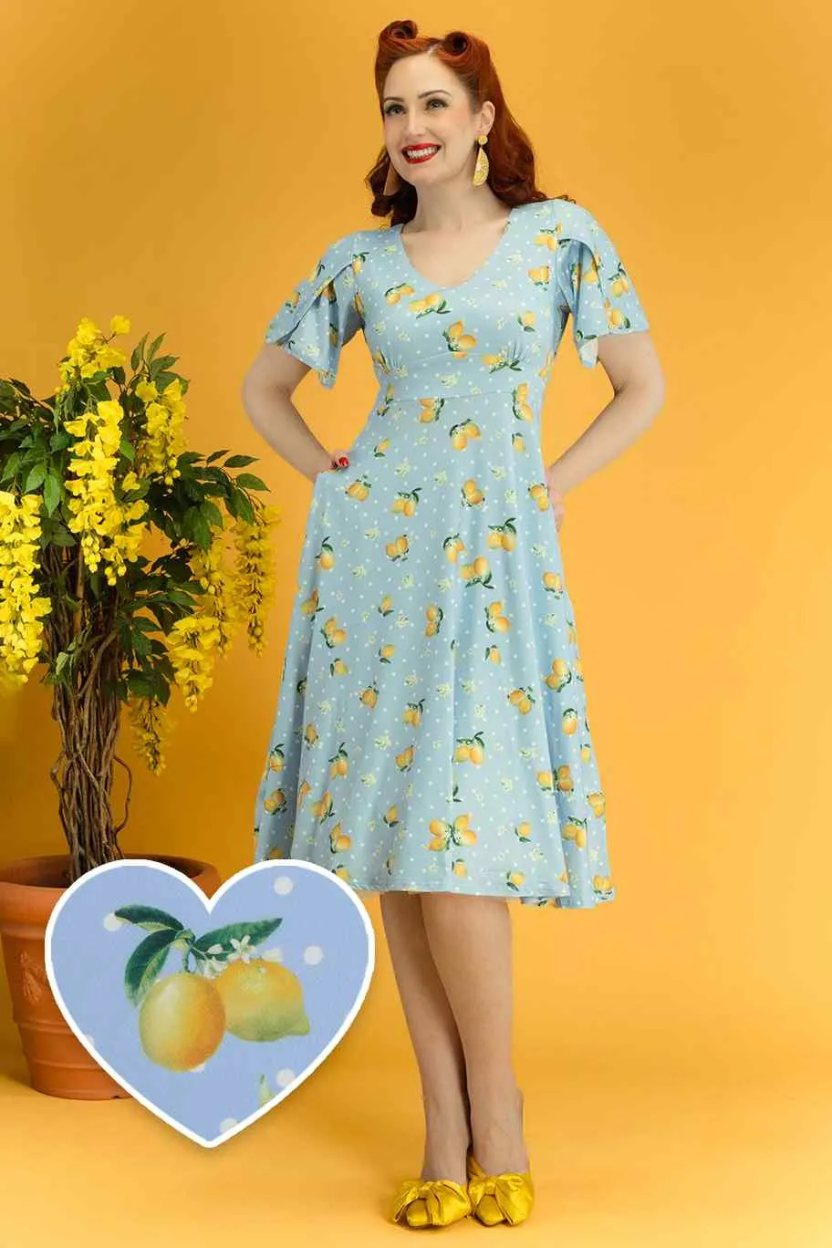 Janice Blue Lemon Petal Sleeved Tea Dress